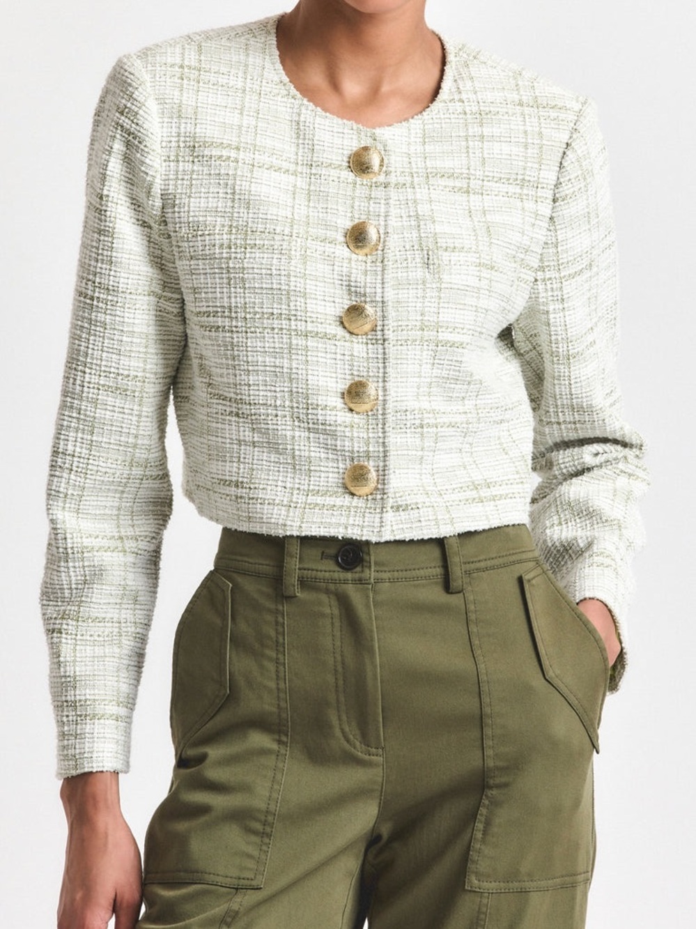 NWT Derek Lam 10 Crosby Juliette Tweed Jacket Soft Sage Green White Size 6